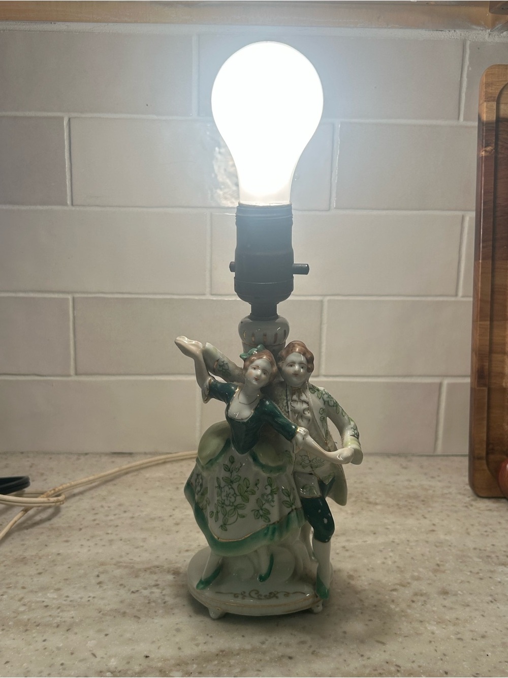 Porcelain Dancing Couple Figurine Lamp - Green and White Home Art - Picture 9 of 10